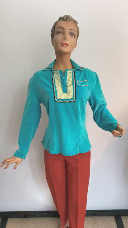 1950s Aqua Velvet Mexican Oaxacan Top | L