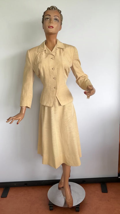 1940s Raw Silk Champagne Suit | Jacket S/M Skirt XS