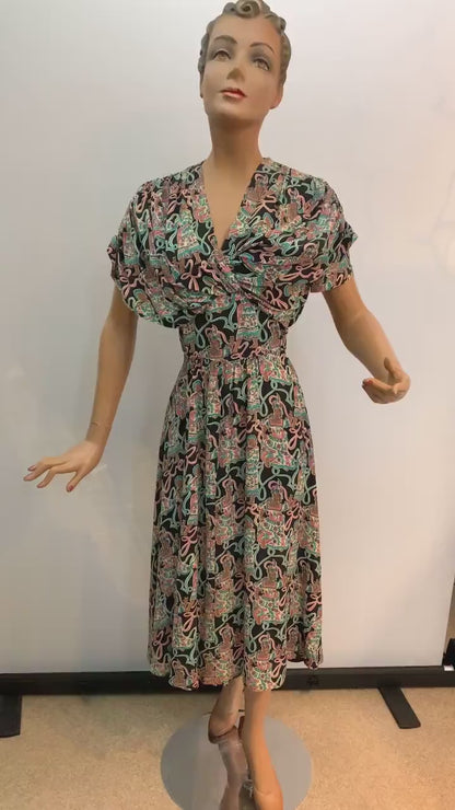 1940s Max Kopp Rayon California Novelty Print Dress | Size XS