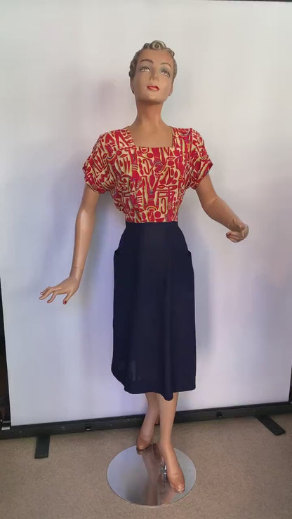 1940s 'Petite Lady' Rayon / Gabardine Egyptian Novelty Print Dress and Bolero Set | S/M