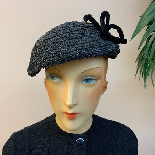 1950s Black Raffia Matador Hat with Velvet Bow