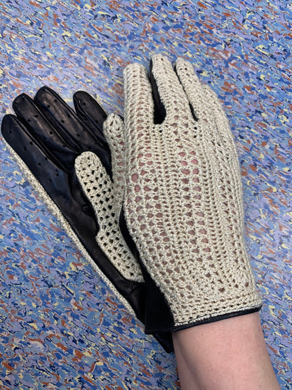 New Old Stock Cream Cotton Crocheted and Punched Black Leather Gloves | Size 7