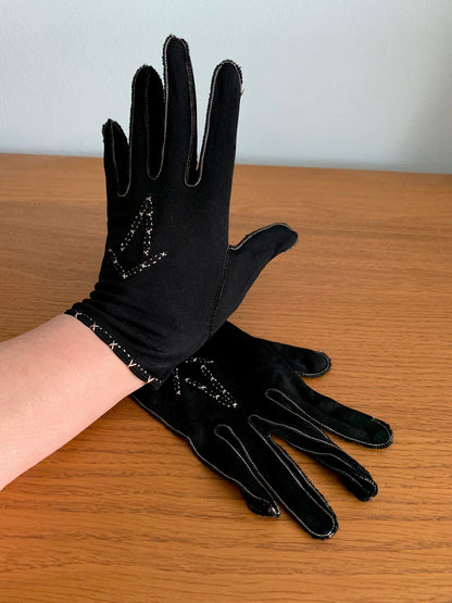 Antique Black Silk Embroidered Gloves