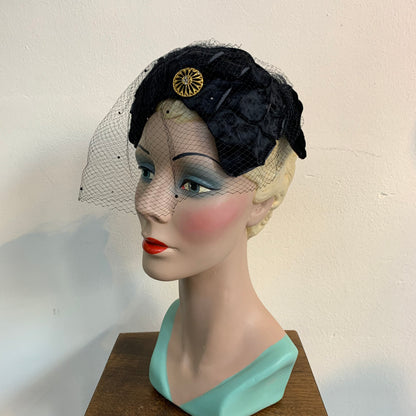 1950s Velvet and Silk Skull Cap Veil and Rhinestones