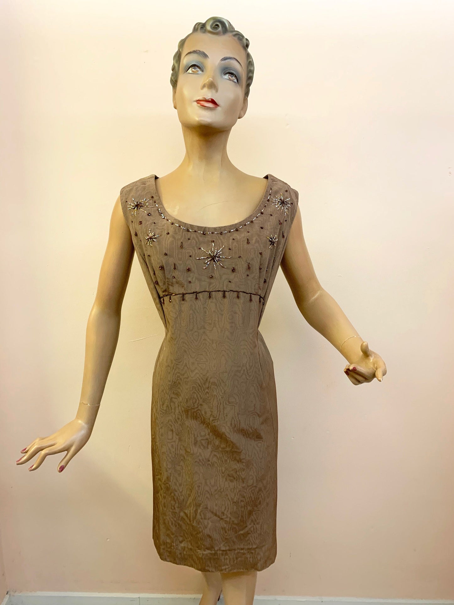 1960s Taffeta Beaded Moiré Dress | XL