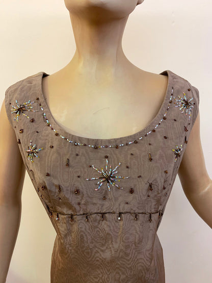 1960s Taffeta Beaded Moiré Dress | XL