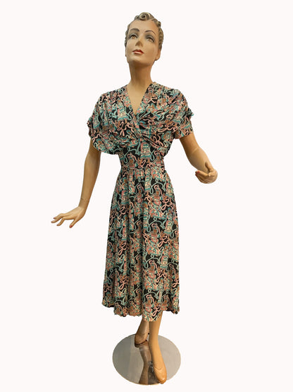 1940s Max Kopp Rayon California Novelty Print Dress | Size XS