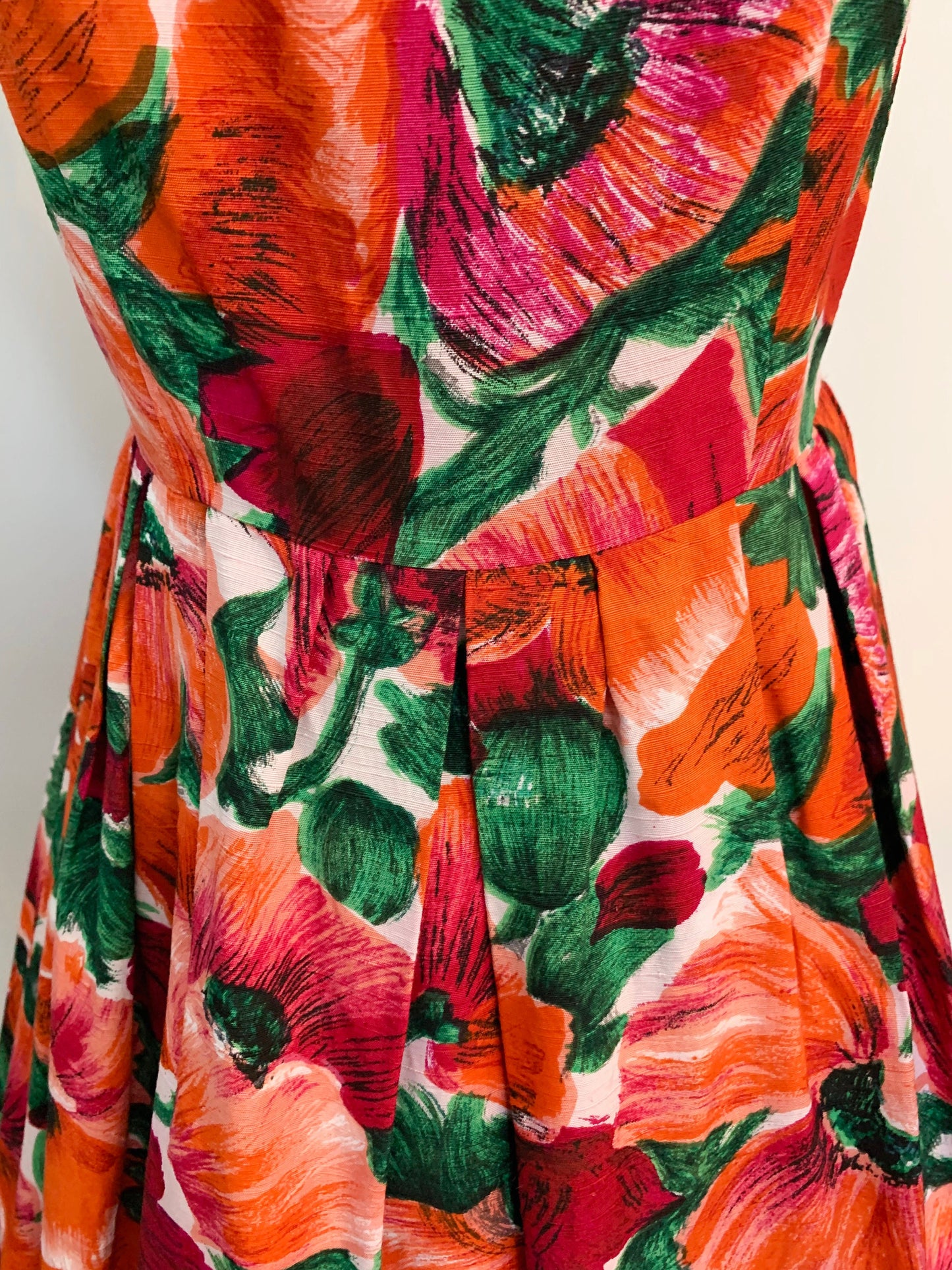 1950s Linen Cotton Flower Print Swing Dress | S
