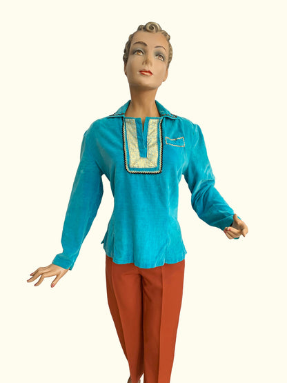 1950s Aqua Velvet Mexican Oaxacan Top | L