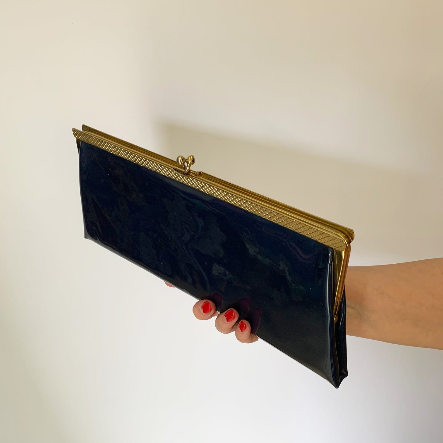 1960s Navy Blue Patent Leather Clutch Bag