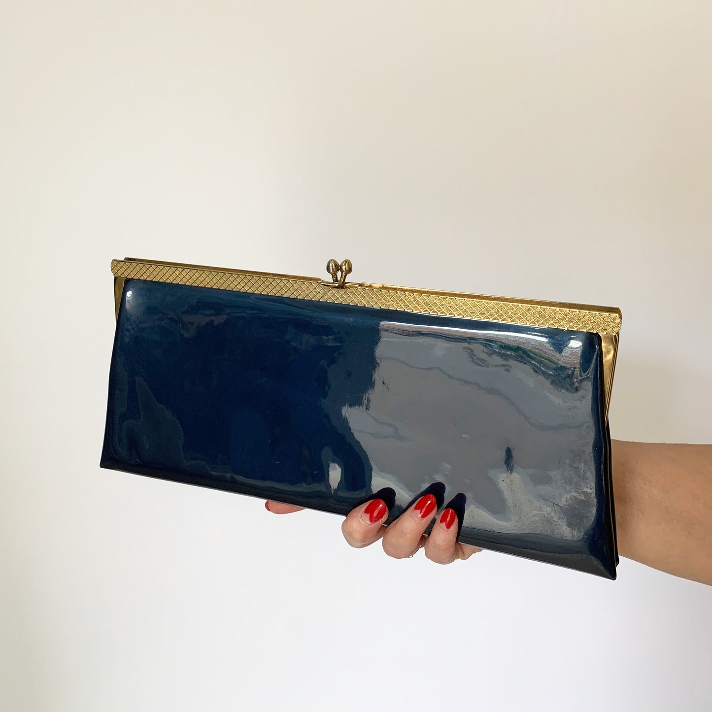 1960s Navy Blue Patent Leather Clutch Bag