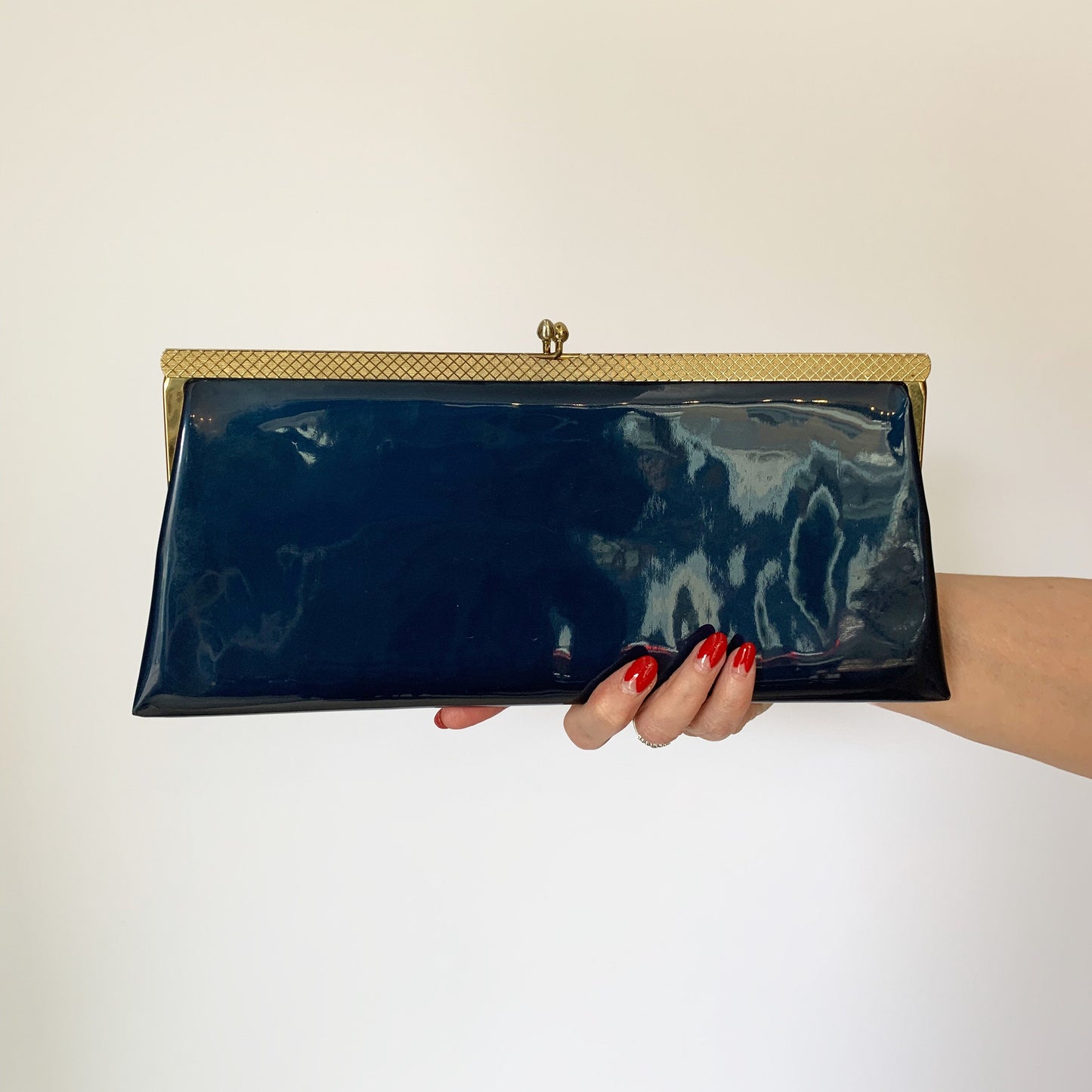 1960s Navy Blue Patent Leather Clutch Bag