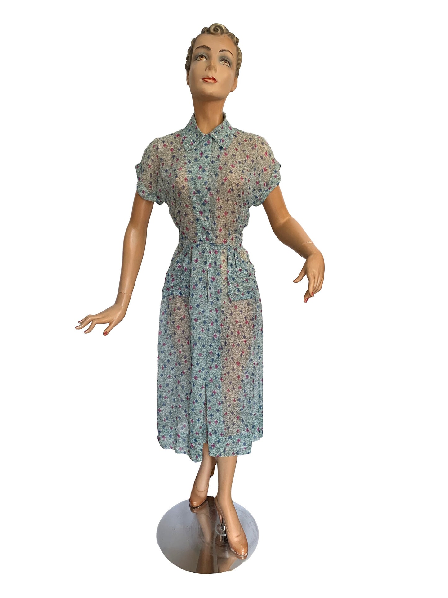 1940s Marcie Lee Dallas Sheer Rayon Novelty Print Dress | XS