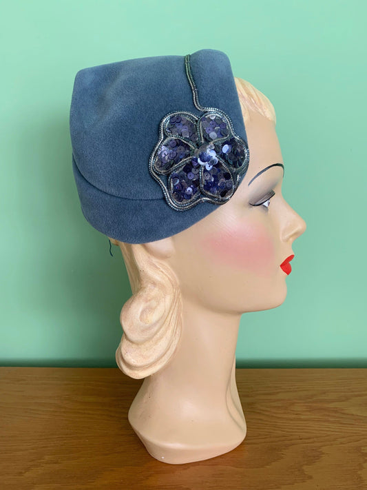 1930s/40s Jacques Fath Steel Blue Velor Cap