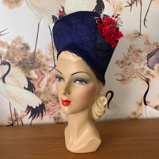 1940s Royal Blue Sisal High Crown Tilt Hat