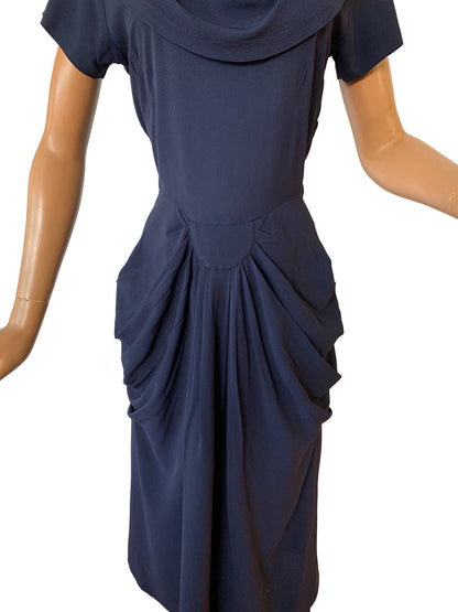 1940s Blue Crepe Draped Dress | S/M