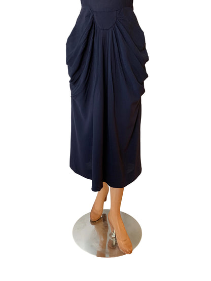 1940s Blue Crepe Draped Dress | S/M